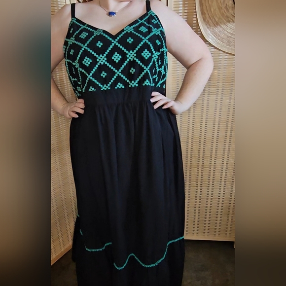Black Cotton Maxi Dress with Green Geometric Embroidery, Ruffled Hem, Size 3X - Picture 5 of 9